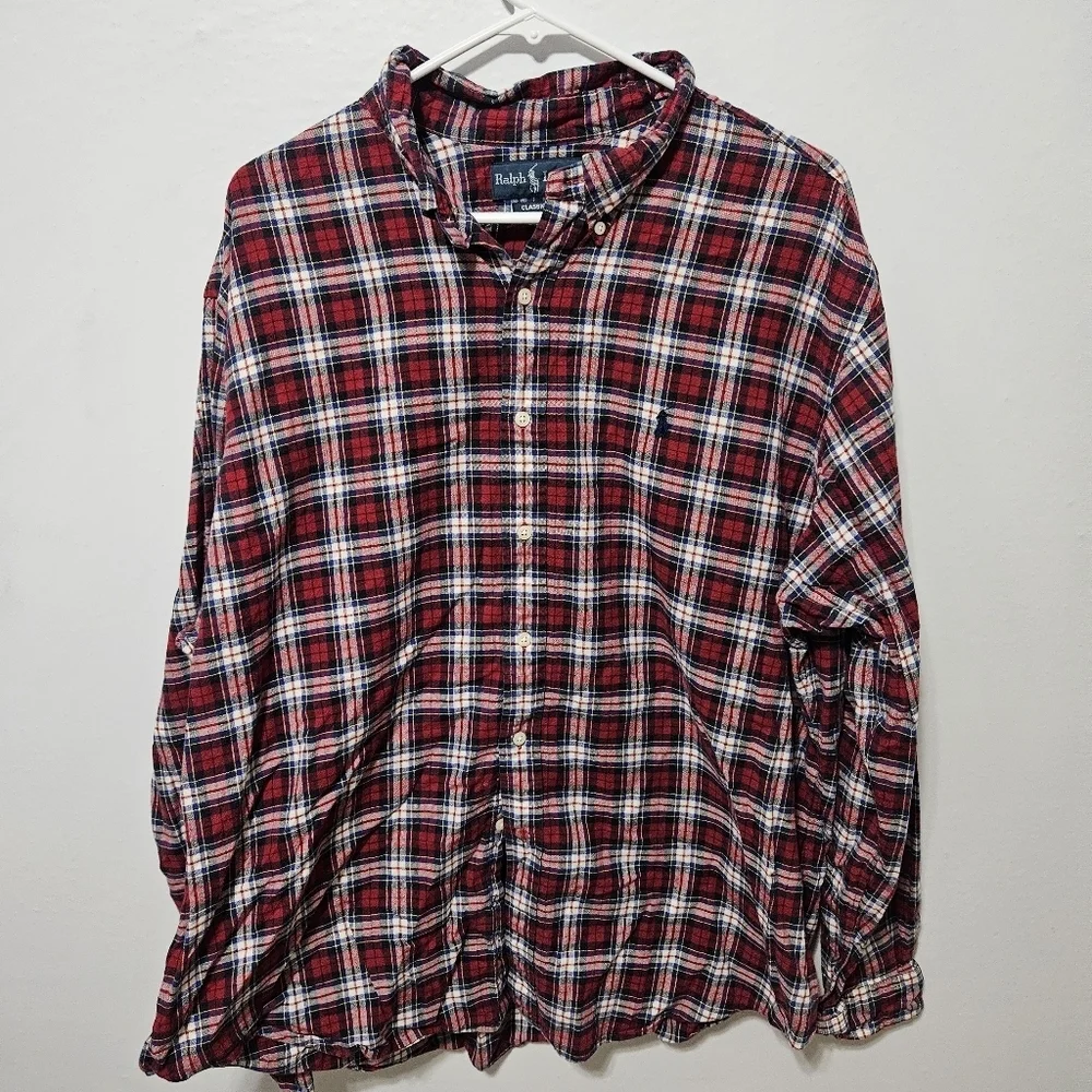 Vtg Polo Ralph Lauren Long Sleeve Flannel Shirt Size 2XL Red Blue Tartan Plaid